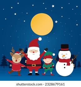 Santa Claus, elf, snowman and reindeer wearing christmas costumes with city village and christmas tree in night time with snowfall. Christmas season and Happy new year season