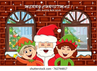 Santa claus and elf standing in front of window with christmas tree - Merry christmas and happy new year Vector illustration