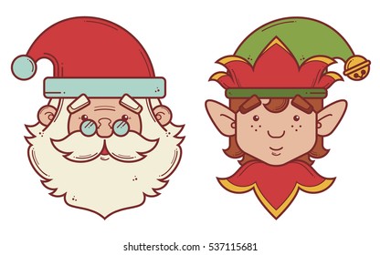 Santa Claus and Elf; Vector Illustration line art; Colored, Isolated