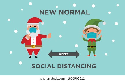 Santa Claus and elf wear masks. Stay social during Christmas