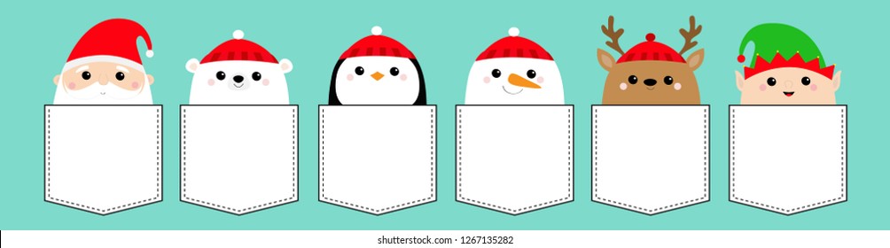 Santa Claus Elf White bear Snowman Raindeer Deer Penguin bird face icon set. T-shirt pocket. New Year. Merry Christmas. Cute cartoon funny kawaii baby character. Flat design Blue background. Vector