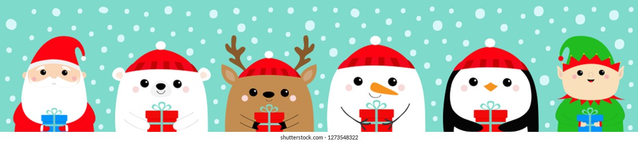 Santa Claus Elf White bear Snowman Raindeer Deer Penguin face icon set. Holding gift box. New Year. Merry Christmas. Cute cartoon funny kawaii baby character. Flat design Blue snow background. Vector