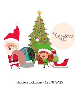 santa claus and elf woman with christmas tree