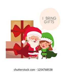 santa claus and elf woman with gifts boxs