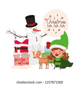 santa claus and elf woman with snowman