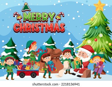 Santa Claus and elfs delivery gift for Christmas illustration
