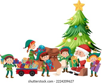Santa Claus and elfs delivery gift for Christmas illustration