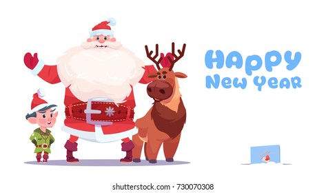 Santa Claus With Elfs On Happy New Year Greeting Card Merry Christmas Holiday Concept Flat Vector Illustration
