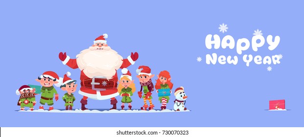 Santa Claus With Elfs On Happy New Year Greeting Card Merry Christmas Holiday Concept Flat Vector Illustration