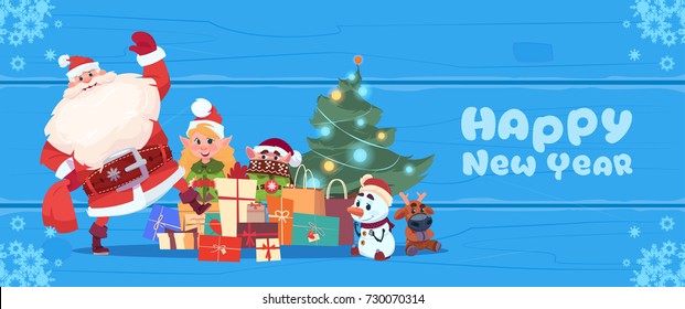 Santa Claus With Elfs Over Christmas Tree On Happy New Year Greeting Card Holiday Concept Flat Vector Illustration