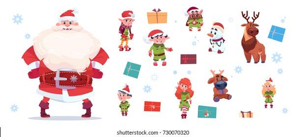 Santa Claus With Elfs Set Isolated Characters On White Background Happy New Year And Merry Christmas Holiday Concept Flat Vector Illustration