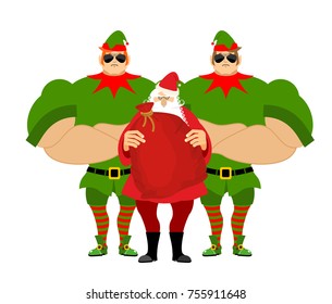 Santa Claus and elves bodyguards. Christmas Santa and guards. Protecting gifts for new year. Defender gifts for children. Big strong elf Santas helper