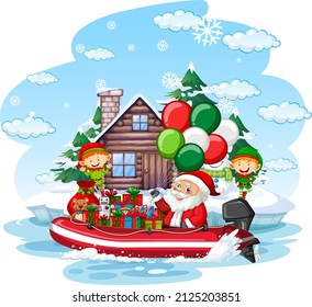 Santa Claus and elves delivering gifts by boat illustration