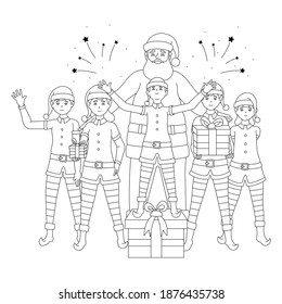 Santa Claus and elves with gifts vector illustration. Merry Christmas and happy new year cartoon line art