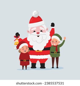 Santa Claus with elves greeting. Christmas elf. Cute cartoon Christmas concept