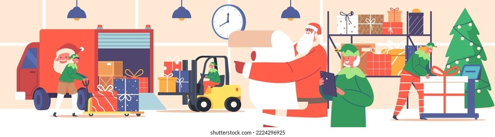 Santa Claus and Elves Helpers Loading Gifts in Truck for Delivery to Children, Christmas Characters Reading List and Load Present Boxes by Forklift in Warehouse. Cartoon People Vector Illustration