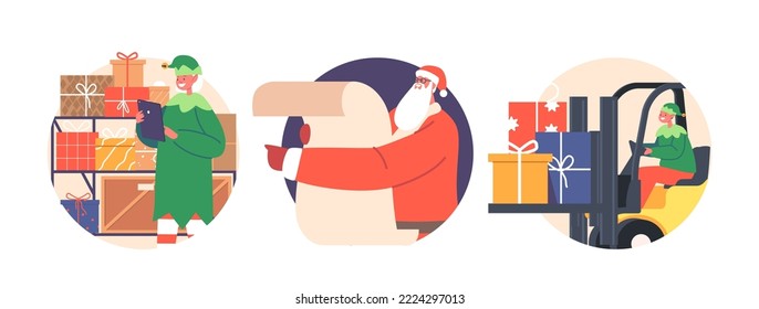 Santa Claus and Elves Helpers Loading Gifts, Christmas Presents Delivery Concept with Characters Reading List and Load Boxes by Forklift Isolated Icons or Avatars. Cartoon People Vector Illustration