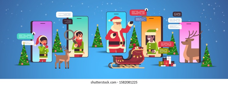 santa claus with elves helpers using chatting app social network communication new year christmas holidays celebration concept smartphone screen online mobile application portrait horizontal vector