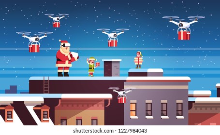 santa claus with elves on roof hold controller drone delivery present service happy new year merry christmas holiday concept flat horizontal vector illustration