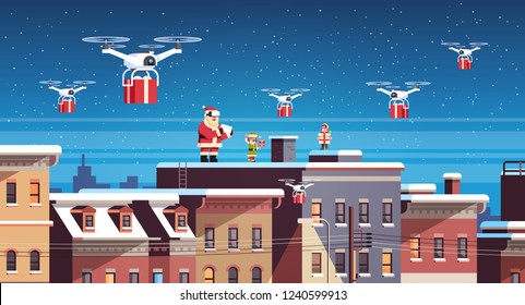 santa claus with elves on roof hold controller drone delivery present service happy new year merry christmas holiday concept flat horizontal