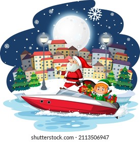 Papá Noel y elfos en un velero en una nevada ilustración nocturna