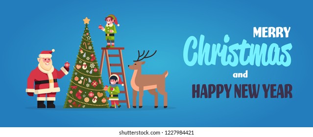 santa claus with elves on staircase decorate fir tree merry christmas happy new year concept flat horizontal vector illustration