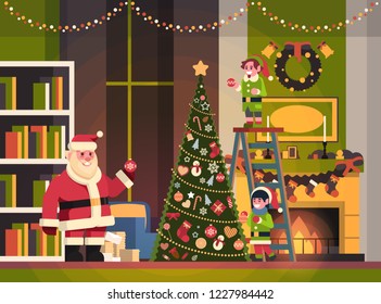 santa claus with elves on staircase decorate fir tree living room interior merry christmas happy new year concept flat horizontal vector illustration