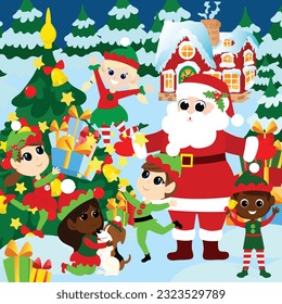 Santa Claus with elves outside near the Christmas tree. Winter landscape near Santa's snowy house. Vertical illustration in cartoon style for puzzles.