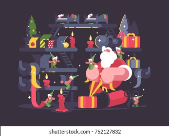 Santa Claus and elves pack gifts for Christmas. Vector illustration