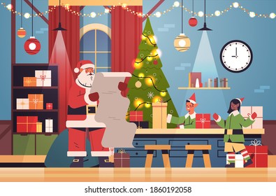 santa claus with elves putting gifts on machinery line conveyor happy new year christmas holidays celebration concept modern workshop interior horizontal vector illustration