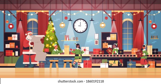 santa claus with elves putting gifts on machinery line conveyor happy new year christmas holidays celebration concept modern workshop interior horizontal vector illustration