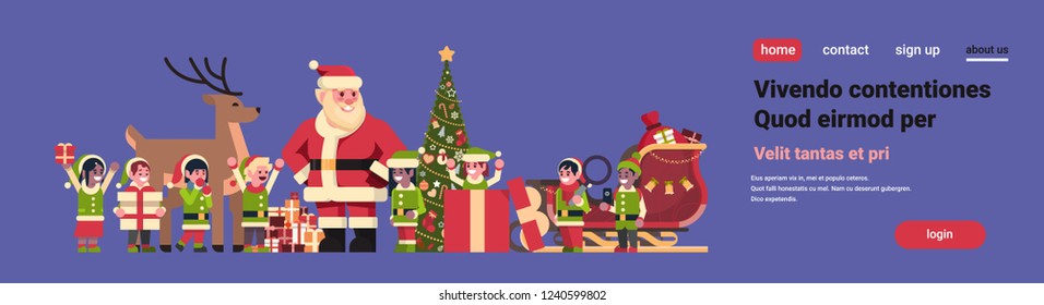 santa claus elves reindeer near fir tree decoration gift box christmas holiday new year concept flat horizontal copy space
