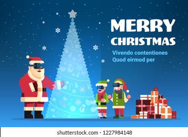 santa claus with elves wear digital glasses looking virtual reality fir tree merry christmas happy new year holiday concept flat horizontal vector illustration