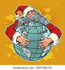 Santa Claus embraces the planet with both hands. International holiday Christmas around the world. Winter is approaching and gifts are being prepared for everyone. Pop Art Retro Vector Illustration