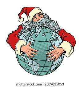 Santa Claus embraces the planet with both hands. International holiday Christmas around the world. Winter is approaching and gifts are being prepared for everyone. Pop Art Retro Vector Illustration