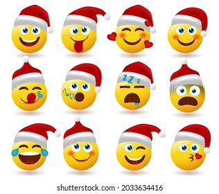 Santa claus emoji character vector set. Santa claus emojis characters in sleeping, singing and scared facial expression for holiday cartoon collection design. Vector illustration.
