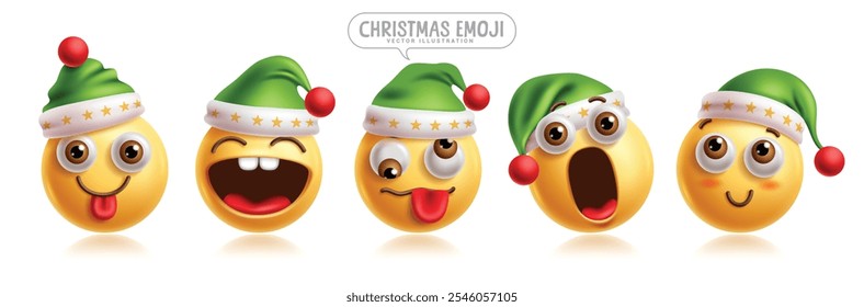 Conjunto de caracteres emojis de Santa Clara. Christmas santa emojis personagem clip art em feliz, engraçado, louco, pateta, choque, corado, tímido e bonito sorridente expressão facial na coleção de chapéu verde. Vetor