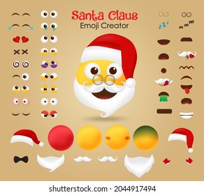 Santa claus emoji creator vector set. Christmas santa character editable kit of face, eyes and mouth in different facial expression for emoticon cartoon creation design. Vector illustration.
