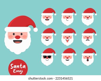 Santa Claus emoji set with cute and different faces and emotions. Flat vector illustration.