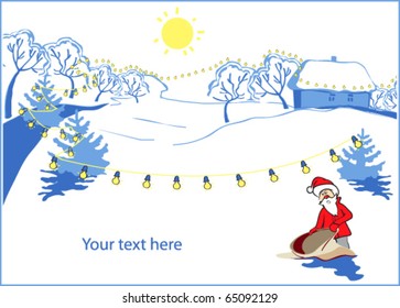 Weihnachtsmann mit leerer Tasche auf schneebedeckter Landschaft am Wintertag des Neujahrs