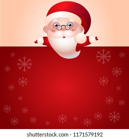 Santa Claus with empty message board. Blank advertising or greeting banner. Cartoon Santa Claus character. Vector illustration.
