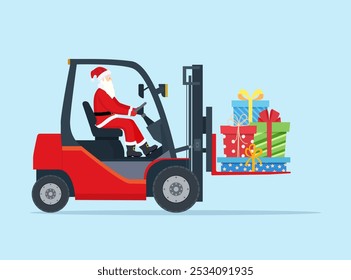 Papá Noel en carretilla elevadora roja vacía. Entrega y envío de regalos de Navidad. Decoración de Año Nuevo. Feliz Navidad Festiva. Año Nuevo y Navidad. Ilustración vectorial en estilo plano