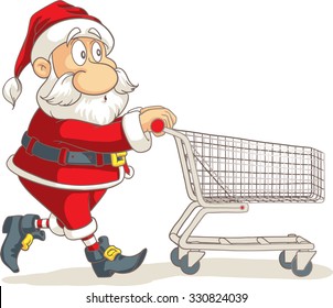 Santa Claus with Empty Shopping Cart Vector Cartoon - Vector of Santa running and shopping for Christmas
