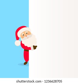 Santa Claus with empty signboard. Happy Santa standing behind a blank sign. Vector illustration
