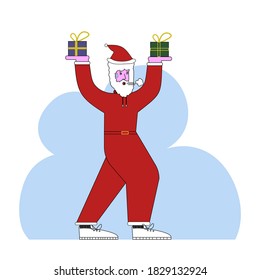 Santa Claus is engaged in gymnastics, using gifts as inventory. Vector illustration in flat style.