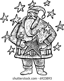 A Santa Claus in engrave style with Stars all around