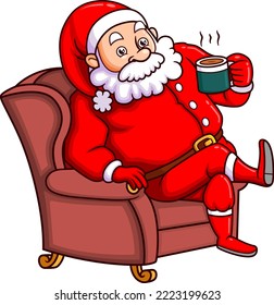 The santa claus is enjoying the a cup of coffee in the christmas celebration of illustration