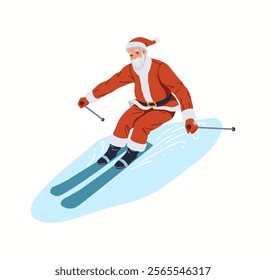 Santa Claus enjoying skiing flat color vector character. Happy Saint Nicolas riding down snowy hill illustration on white background