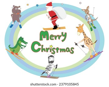 Santa Claus enjoying winter sports with animals on Christmas day.