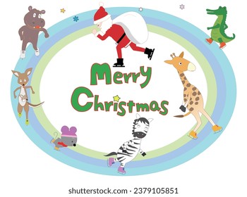 Santa Claus enjoying winter sports with animals on Christmas day.